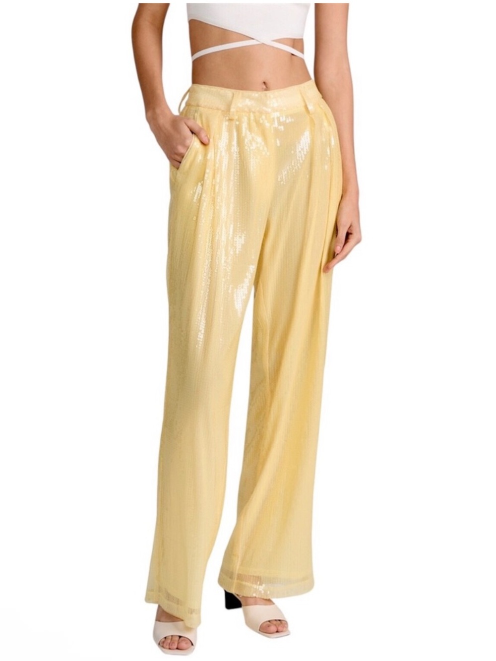 New Staud Luisa Sequin Pants in Sunray Butter Yellow in Size 8 - Picture 3 of 13